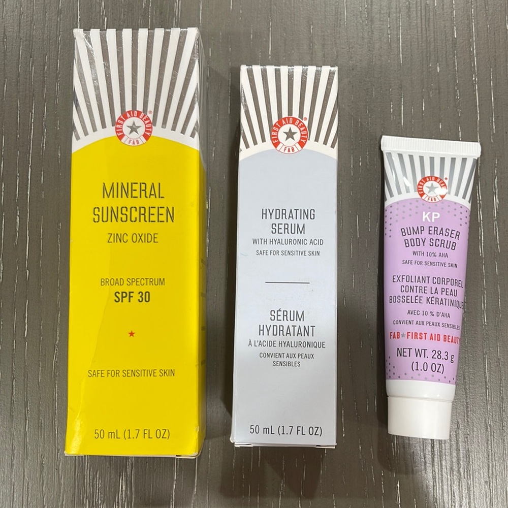 First Aid Beauty Mineral Sunscreen, Hydrating Serum, Bump Eraser Body Scrub Set